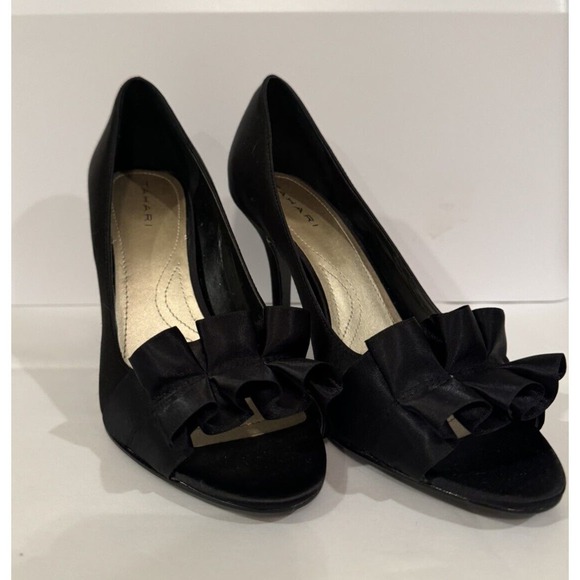 Tahari Shoes - Tahari Sloan Black Satin Open Toe High Heel Pumps Womens 8 Ruffle Party Wedding